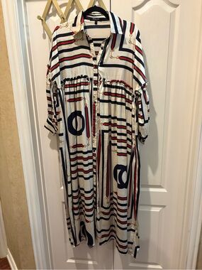 Beulah Navy, Red & White Striped Maxi Shirt Dress